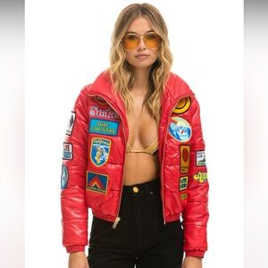 NWT - Aviator Nation - Vintage Patch Apres Puffer Jacket - Cherry Glossy